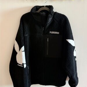 Pleasures x Playboy Bunny Sherpa Zip Up Jacket. Black with White Accents.